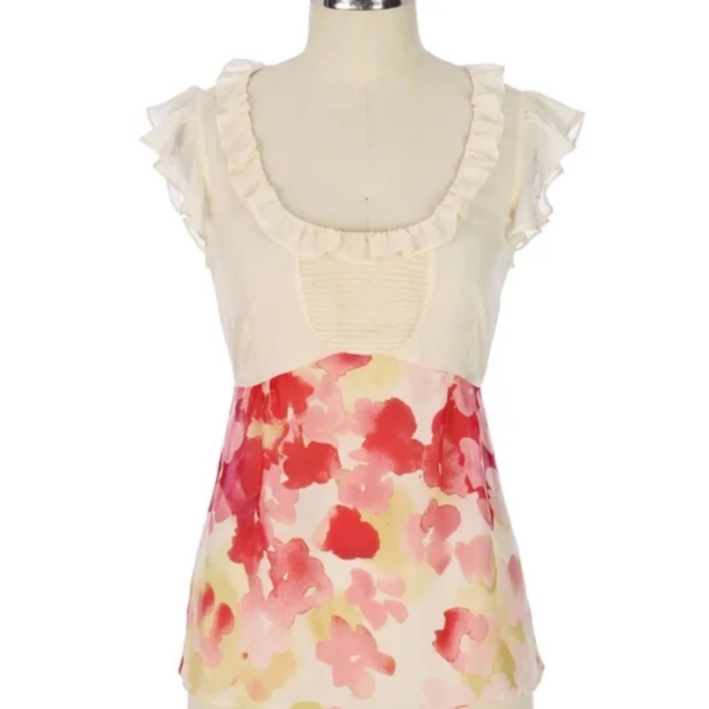 Anthropologie Cream & Pink Silk Floral Museum Wings Blouse Sz 12, final price.